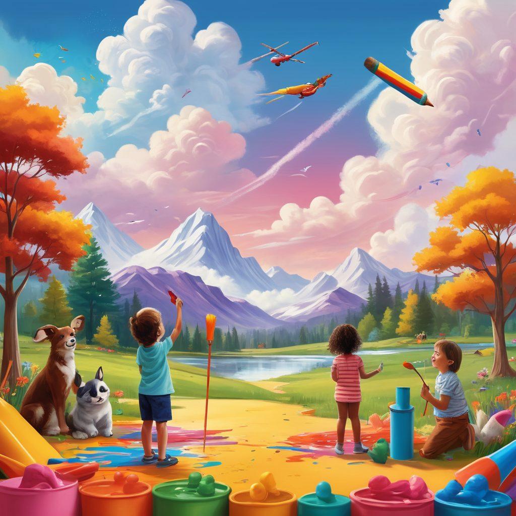 A whimsical and colorful scene showcasing a diverse group of children engaged in imaginative play, surrounded by vibrant, oversized art supplies, like giant crayons and paint brushes. The background features a dreamy landscape with floating clouds and playful animals, symbolizing connection and adoration through creativity. Capture the light-hearted spirit of childhood curiosity and joy. vector art. vibrant colors. playful atmosphere.