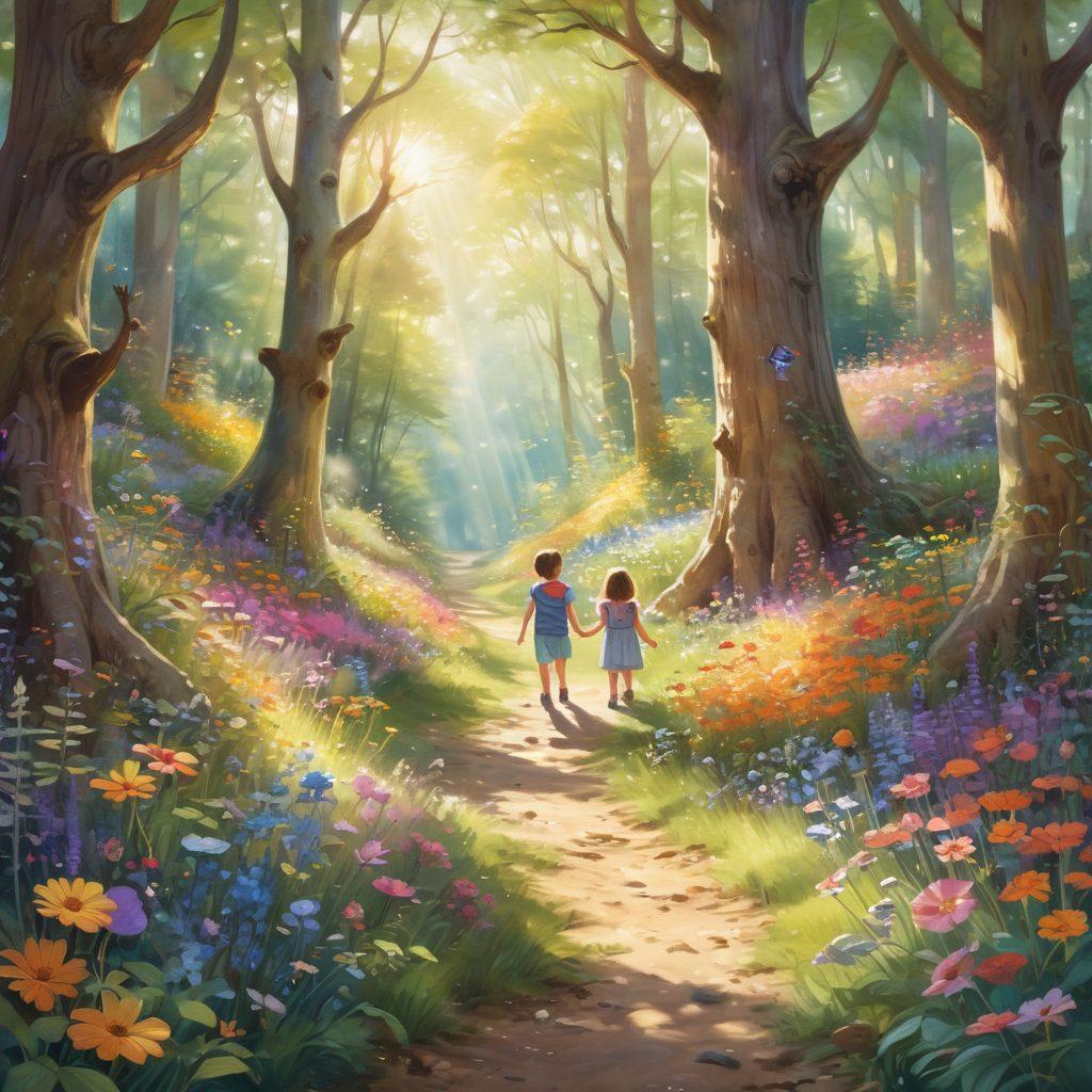 A whimsical scene depicting young children exploring a magical forest filled with colorful flowers and friendly creatures, their faces illuminated with joy and wonder. Soft beams of sunlight filter through the trees, casting playful shadows as they share stories and laughter. The atmosphere is vibrant and enchanting, inviting viewers into a world of affection and imagination. Illustrative style with pastel colors and soft edges.