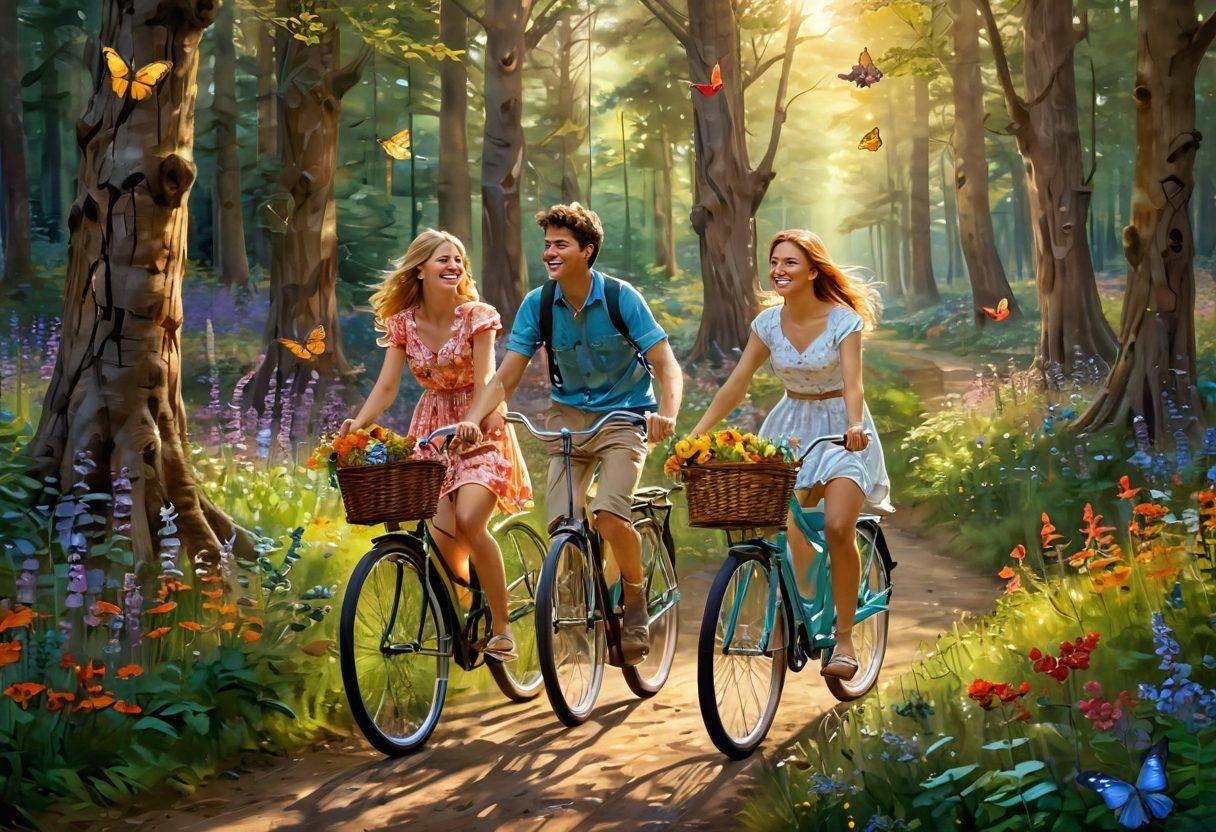 A whimsical scene of two young people on a vibrant, romantic adventure through a sunlit forest, sharing laughter as they navigate a winding path lined with wildflowers. Surround them with soft glowing lights and fluttering butterflies to symbolize youthful passion. Incorporate elements like a vintage bicycle and a picnic basket to enhance the adventurous theme. Art style: enchanting digital painting with vibrant colors.